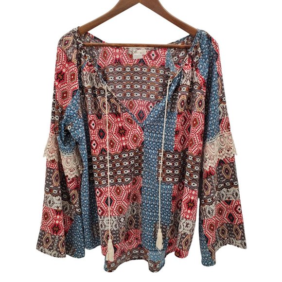 Miin Tops - Miin Aztec Print Boho Patchwork Tunic Top Sz Large L Bell Sleeve V-Neck Bohemian